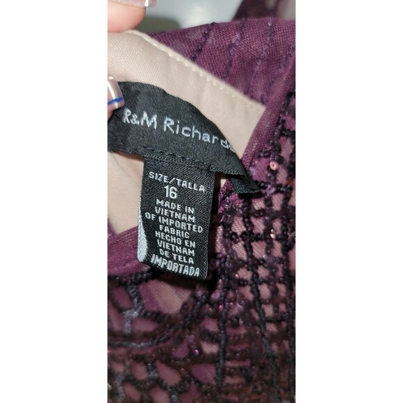 R&M Richards Womens 16 Plum Sequin Lace Formal Dress Hi Low Satin Skirt Gown - Picture 10 of 14